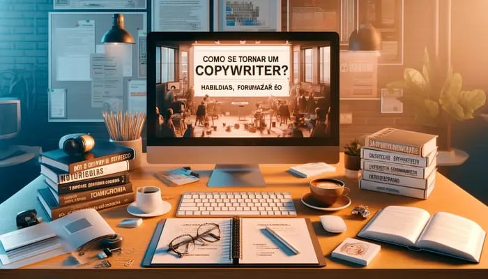 tela de computador, mostrando capa de e-book sendo criado, ensinando como se tornar um copywriter profissional.
