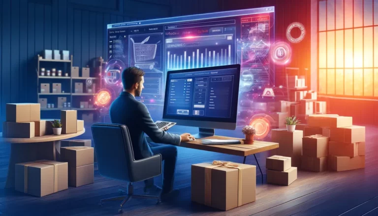 Homem em frente ao computador, controlando seu e-commerce, com pedidos de clientes em caixas ao lado. Representando como trabalhar com e-commerce.