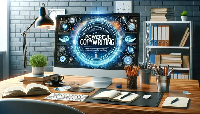 computador, com uma imagem, escrita no centro "o poder do copywriting", exemplificando o que é copywriting.