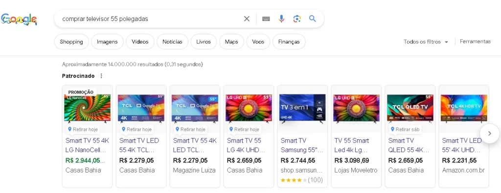 resultados de compras serp do Google