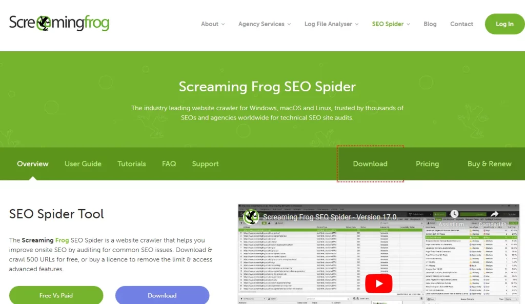 Página inicial do site da ferramenta scream frog seo spider, ferramenta de seo efetiva.