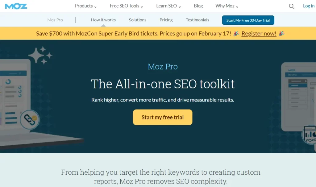 imagem da página inicial do site da Moz Pro, ferramenta de SEO para Sites.