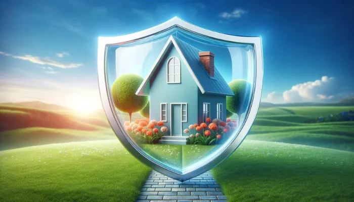 imagem de uma casa linda, familiar e um escudo a protegendo na frente. argumentação na venda de seguros residenciais.