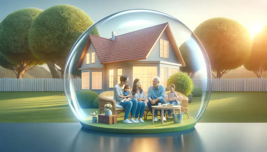 uma casa, uma família, sendo protegidas por uma bola de vidro de proteção, significando argumentos de vendas para um seguro resgatável.
