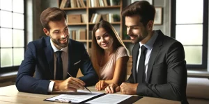 corretor de seguros residenciais efetuando venda, clientes sorrindo e contentes, depois de passarem pelos principais argumentos para vender seguro residencial.