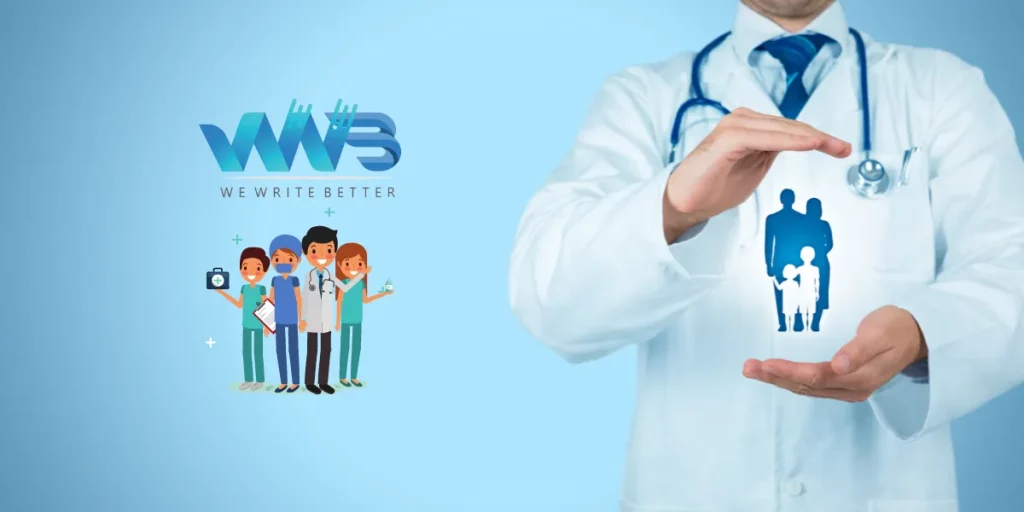 médico segurando família em suas mãos, logomarca da agência wwb, essa junção representa como vender planos de saúde para empresas.