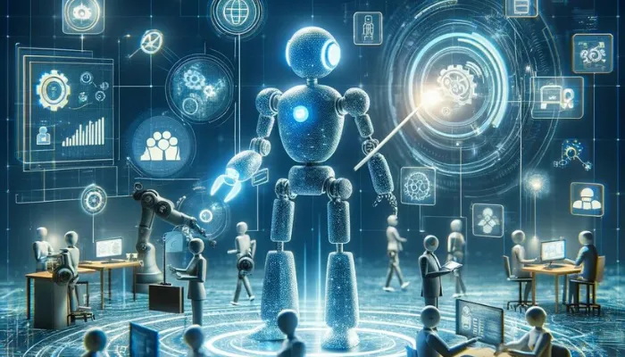 imagem de um robô junto a outros robôs, hologramas, representando histórias de sucesso de corretoras que usaram o melhor sistema de gestão.