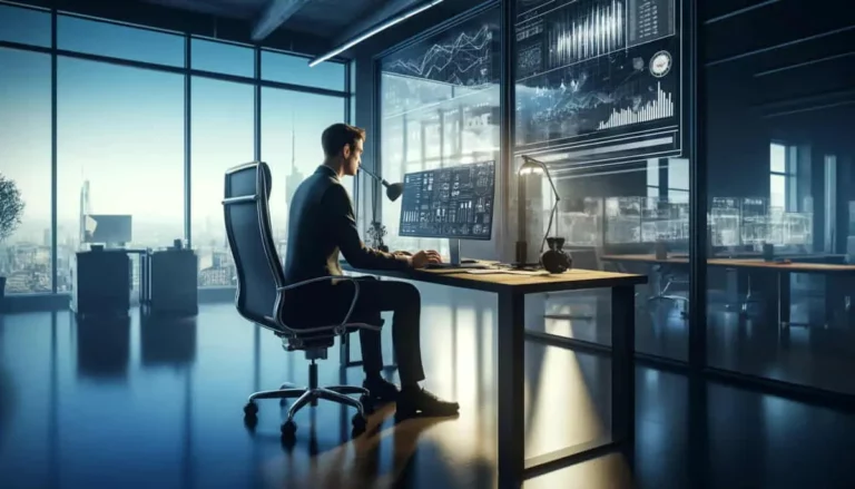 homem em ambiente de escritório olhando para computador com gráficos 3d do multicalculo para corretoras de seguros.