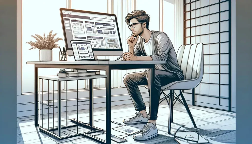 Homem em frente ao computador pensando o melhor Design Para Lojas Online.