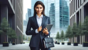 corretora de seguros feliz, segurando sua pasta de clientes, bolsa de couro e com um blazer feminino, em uma rua empresarial cheia de prédios, mostrando como se tornar um vendedor de seguros habilitado.