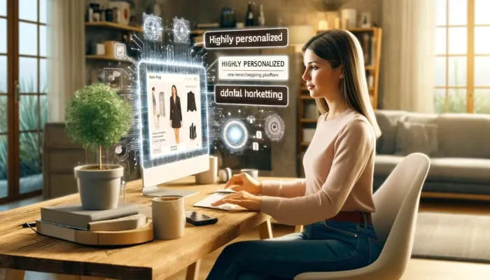 mulher dona de e-commerce, usando táticas de ia no seu site, representando como usar a IA no marketing digital em uma nova era.
