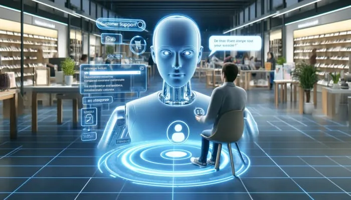 homem sentado na loja, sendo atendido e tirando dúvidas com robô holográfico de inteligência artificial numa loja de shopping.
