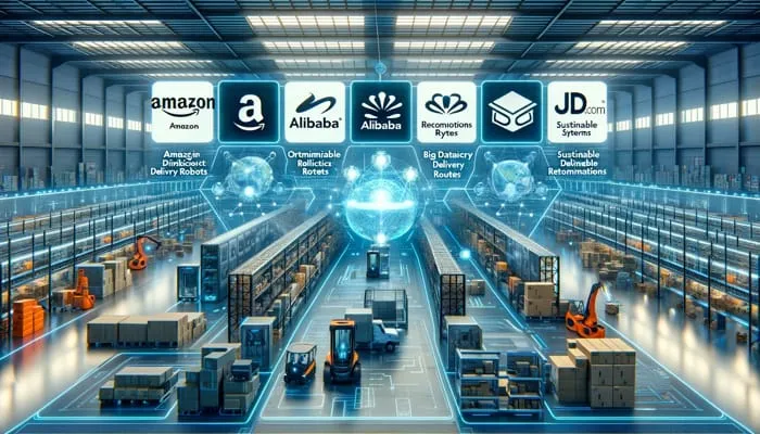 linha de produtos na fábrica, dividida ficticiamente, unindo a implementação de ia por gigantes do e-commerce: Amazon, Alibaba e JD.