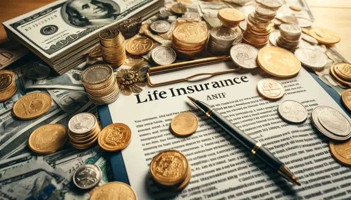 Dinheiro em cima de uma apólice de seguros de vida, com uma caneta, várias moedas e cédulas do dólar, representando qual a comissão de um seguro de vida é realmente vantajosa?