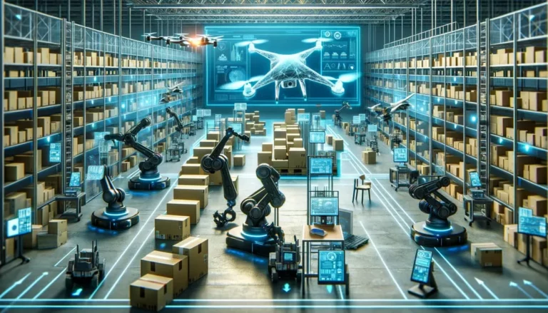 imagem de uma linha de operações de produtos de e-commerce futurista, representando transformação do e-commerce pela IA.