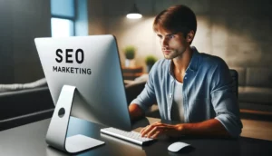 Homem pesquisando O que é SEO Marketing.