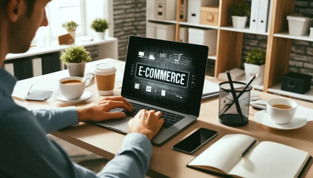 Homem em seu computador pesquisando como criar um e-commerce.