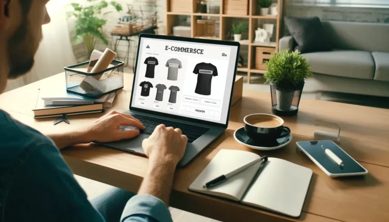 Homem gerenciando seu e-commerce de camisetas.