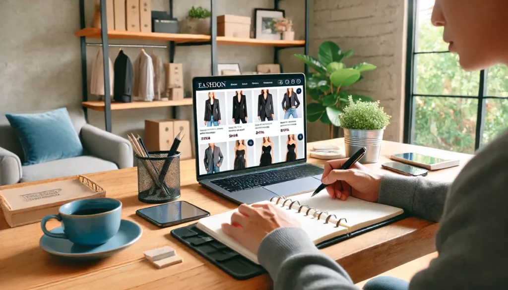 Homem vendo em seu computador o e-commerce de moda.