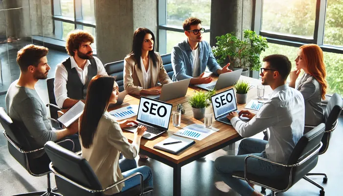 Empreendedores tratando dos benefícios do SEO para diferentes tipos de negócios.