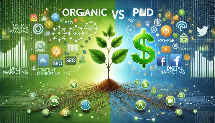 comparação entre fontes de tráfego orgânico vs pago, com uma planta nascendo, mostrando o início.