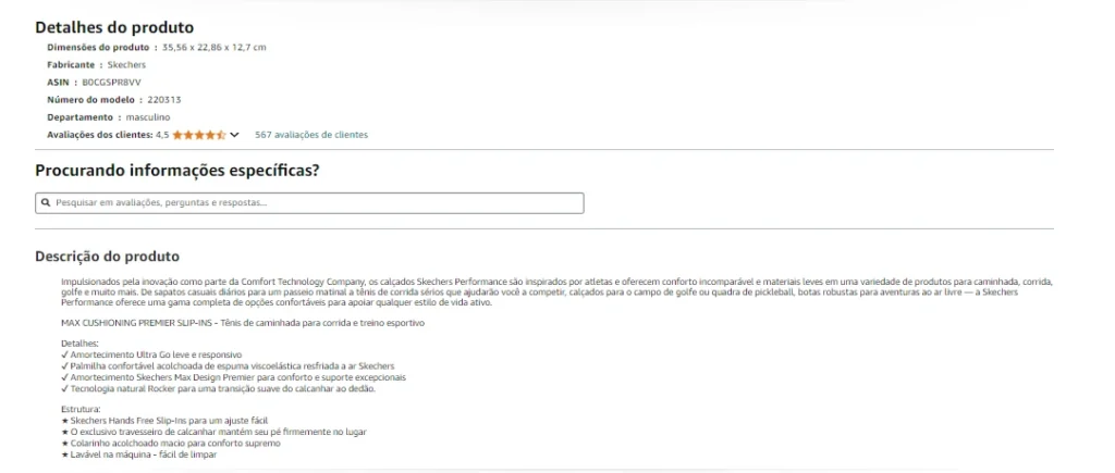 Descrição longa e detalhada de um tênis.