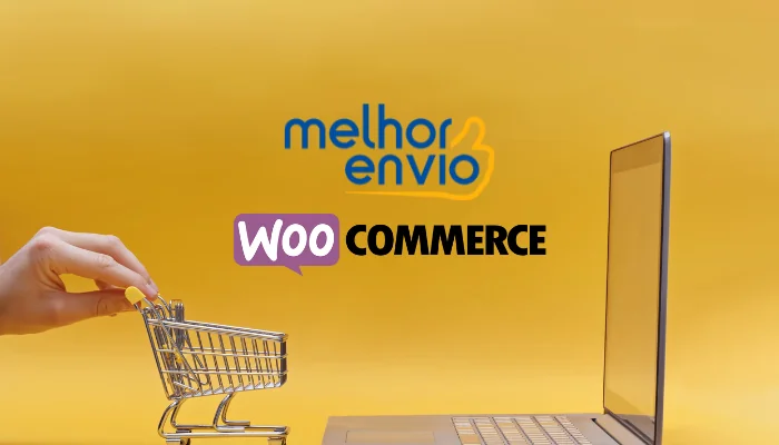 carrinho de compras de brinquedo, notebook e logomarcas da melhor envio e woocommerce, representando como configurar frete no woocommerce usando melhor envio.